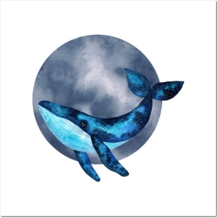 Cute watercolor space blue whale illustration with blue moon bubble Posters and Art